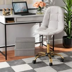 Hot Sale ❤️ Baxton Studio Kabira Contemporary Glam And Luxe Velvet Fabric And Gold Metal Swivel Office Chair Grey, Gold 😀