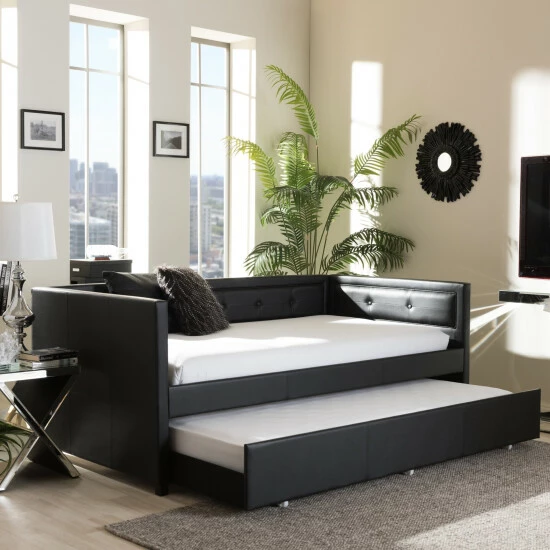 Best Sale ๐ฏ Baxton Studio Faux Leather Button Tufted Daybed With Trundle Black โค๏ธ