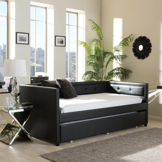 Best Sale ๐ฏ Baxton Studio Faux Leather Button Tufted Daybed With Trundle Black โค๏ธ - Image 2