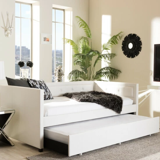 Best Sale ๐ฏ Baxton Studio Faux Leather Button Tufted Daybed With Trundle Black โค๏ธ - Image 3