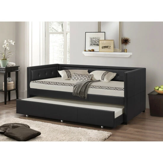 Best Sale ๐ฏ Baxton Studio Faux Leather Button Tufted Daybed With Trundle Black โค๏ธ - Image 5