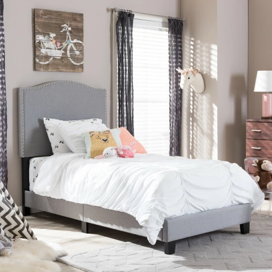 Coupon โค๏ธ Baxton Studio Bakchos Modern And Contemporary Beige Or Grey Upholstered Twin Size Arched Platform Bed With Nailheads ๐