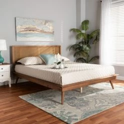 New ๐ Baxton Studio Nura Mid-Century Walnut Brown Wood And Rattan Platform Bed - Full ๐ฏ