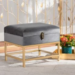 Hot Sale 🌟 Baxton Studio Aliana Glam And Luxe Velvet And Gold Metal Small Storage Ottoman Navy 🎁