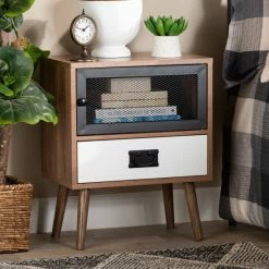 Brand new 🎉 Baxton Studio Hubbard Mid-Century Modern Two-Tone Natural Brown And White Finished Wood And Black Metal 1-Drawer End Table 🛒