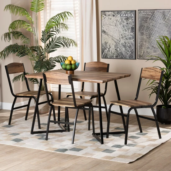 Best Sale ✨ Baxton Studio Roana Modern 5-Piece Wood And Metal Dining Set-Walnut Brown/Black 🧨