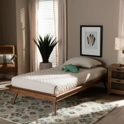 Hot Sale 🔔 Baxton Studio Karine Walnut Brown Finished Wood Twin Size Platform Bed Frame 💯