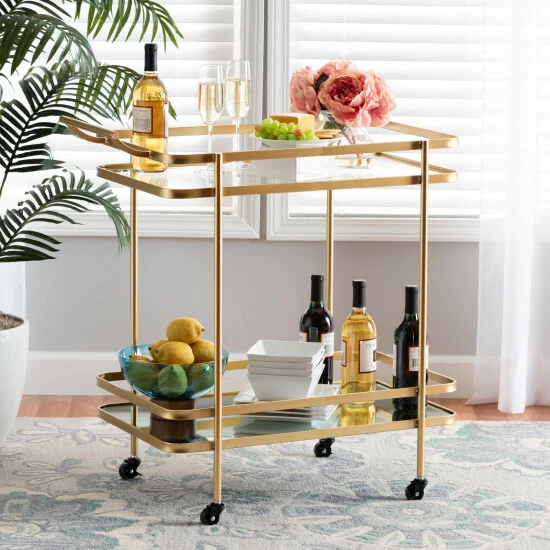 Best deal 🌟 Baxton Studio Destin Glam Brushed Gold Metal And Mirrored Glass 2-Tier Wine Bar Cart 💯 - Image 6