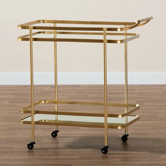 Best deal 🌟 Baxton Studio Destin Glam Brushed Gold Metal And Mirrored Glass 2-Tier Wine Bar Cart 💯 - Image 7