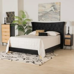 Hot Sale 🎉 Baxton Studio Easton Contemporary Glam And Luxe Velvet And Gold Metal Queen Size Panel Bed Black, Gold 💯