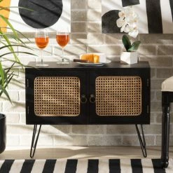 Deals ✔️ Baxton Studio Davion Mid-Century Modern 2-Door Sideboard Buffet With Rattan-Espresso 👏
