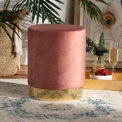 Deals 🤩 Baxton Studio Chaela Contemporary Glam & Luxe Velvet Upholstered Metal Ottoman Blush Pink, Gold 🔥