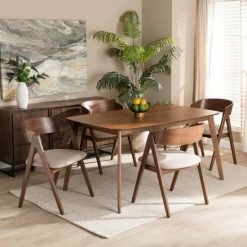 Hot Sale ✨ Baxton Studio Danton Mid-Century Modern Fabric And Wood Dining Set (5pcs) Beige 🤩