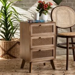 Flash Sale 😍 Baxton Studio Baden Mid-Century Modern Walnut Brown Finished Wood 3-Drawer End Table With Rattan 🔔