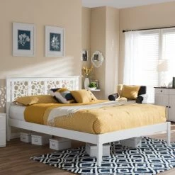 Budget ⌛ Baxton Studio Celine Modern And Contemporary Geometric Pattern White Solid Wood Platform Bed 👏