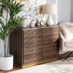 Coupon 👏 Baxton Studio Cormac Modern & Contemporary 8-Drawer Metal-based Wood 👗 Dresser Walnut Brown, Gold 🔔