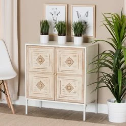 Hot Sale ๐ฏ Baxton Studio Favian Classic And Traditional Two-Tone White And Weathered Brown Finished Wood And White Metal 2-Door Sideboard ๐