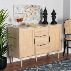 Top 10 🛒 Baxton Studio Harrison Mid-Century Modern Natural Brown Finished Wood And Natural Rattan 3-Drawer Sideboard 😉