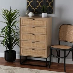 Best Sale ✨ Baxton Studio Amelia Mid-Century Modern Transitional Natural Brown Finished Wood And Natural Rattan 5-Drawer Storage Cabinet 🔔