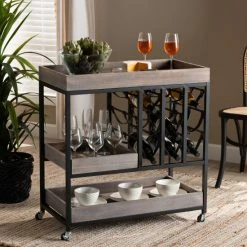 Buy ⭐ Baxton Studio Laine Modern & Industrial Charcoal Finished Wood Black Metal Wine Cart 💯