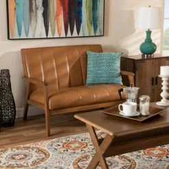 Budget ⌛ Baxton Studio NikkoTan Faux Leather And Walnut Brown Finished Wood Loveseat 🥰