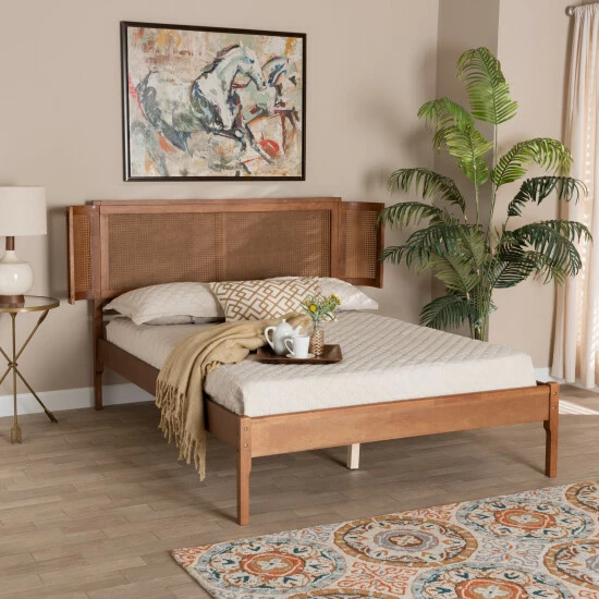 Best reviews of 👏 Baxton Studio Eridian Mid-Century Modern Walnut Brown Finished Wood And Natural Rattan Platform Bed 🎁