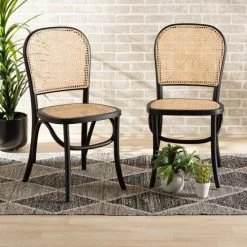 Best Pirce 🔔 Baxton Studio Cambree Mid-Century Modern Woven Rattan And Wood Dining Chair Set(2PC) 🔥