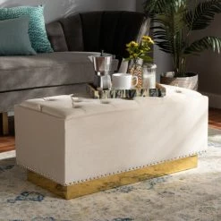 Deals 🛒 Baxton Studio Powell Glam And Luxe Velvet Fabric And Gold PU Leather Storage Ottoman Grey 🛒