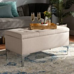 New โจ Baxton Studio Mabel Modern And Contemporary Fabric And Silver Metal Storage Ottoman Blue โญ