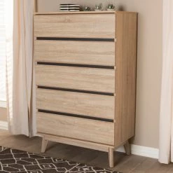 Best Sale 🔔 Mid-Century Oak And Dark Grey 5-Drawer Chest By Baxton Studio 🔔