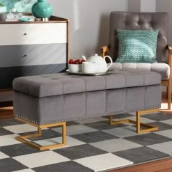 Cheap 🌟 Baxton Studio Ellery Luxe And Glam Velvet And Gold Finished Metal Storage Ottoman Grey 🔔