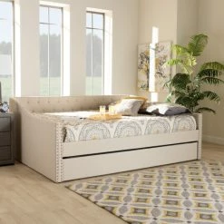 New ๐ Baxton Studio Haylie Modern And Contemporary Upholstered Daybed With Trundle Beige ๐