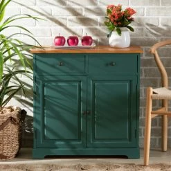Wholesale 👏 Baxton Studio Garner Modern 2-Drawer Wood Kitchen Cabinet-Turquoise/Oak Brown 🧨