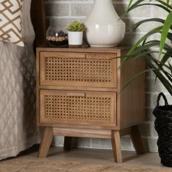 Best Sale 👍 Baxton Studio Baden Mid-Century Modern Walnut Brown Finished Wood 2-Drawer End Table With Rattan 🧨