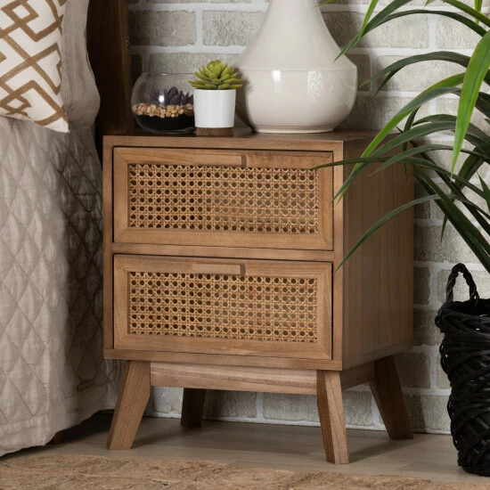 Best Sale ๐ Baxton Studio Baden Mid-Century Modern Walnut Brown Finished Wood 2-Drawer End Table With Rattan ๐งจ