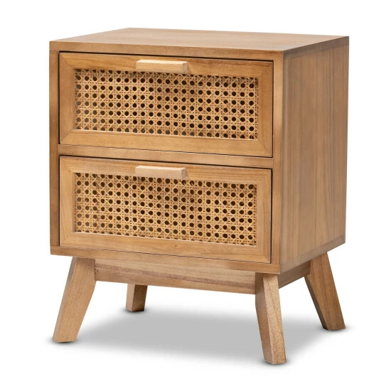 Best Sale ๐ Baxton Studio Baden Mid-Century Modern Walnut Brown Finished Wood 2-Drawer End Table With Rattan ๐งจ - Image 2