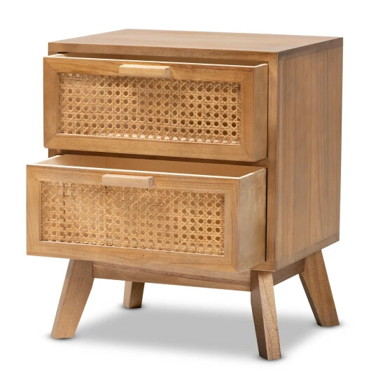 Best Sale ๐ Baxton Studio Baden Mid-Century Modern Walnut Brown Finished Wood 2-Drawer End Table With Rattan ๐งจ - Image 3