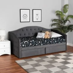 Best Sale ✨ Baxton Studio Mansi Modern And Contemporary Velvet Fabric Upholstered 2-Drawer Daybed-Twin Light Pink, Black 😀