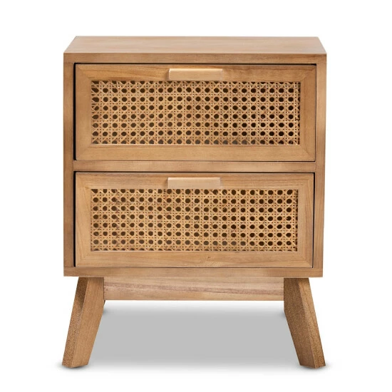 Best Sale ๐ Baxton Studio Baden Mid-Century Modern Walnut Brown Finished Wood 2-Drawer End Table With Rattan ๐งจ - Image 4