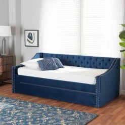 Cheap 🔥 Baxton Studio Raphael Modern Velvet Fabric Upholstered Daybed With Trundle Navy 👏