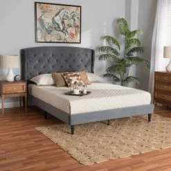 Best deal 🥰 Baxton Studio Joanna Modern And Contemporary Velvet Fabric Upholstered And Dark Brown Finished Wood Platform Bed Grey, Dark Brown 😀