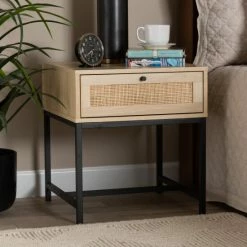 Best Pirce ✨ Baxton Studio Caterina Mid-Century Modern Transitional Natural Brown Finished Wood And Natural Rattan 1-Drawer End Table ✨