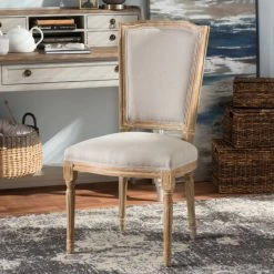 Outlet 😉 Baxton Studio Cadencia French Vintage Cottage Weathered Oak Finish Wood And Beige Fabric Upholstered Dining Side Chair 🎁