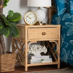 Brand new 🌟 Baxton Studio Camara Modern Bohemian Natural Brown Rattan Single-Drawer Nightstand 🤩