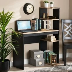 Flash Sale 🎉 Baxton Studio Callahan Two-Tone Dark Grey And Oak Finished Wood Desk With Shelves 🎁