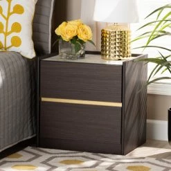 Budget ⭐ Baxton Studio Walker Modern Dark Brown And Gold Finished Wood Nightstand With Faux Marble Top 🧨