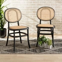 Cheapest 🌟 Baxton Studio Garold Mid-Century Modern Woven Rattan And Wood Dining Chair Set(2PC) Beige, Walnut Brown 🔥