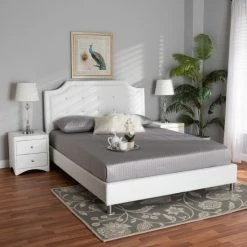 Budget ✔️ Baxton Studio Carlotta Contemporary & Glam Styled 3-Piece Bedroom Set With White Faux Leather Upholstered Bed 🎁