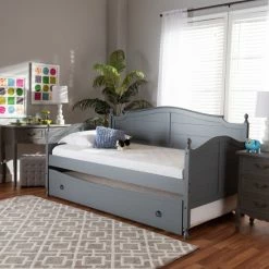 Buy 👏 Baxton Studio Mara Cottage Farmhouse Twin Size Daybed With Roll-out Trundle Bed Grey 🥰