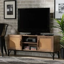 Best Sale 💯 Baxton Studio Veanna Bohemian Styled 2-Door Wood TV Stand W/ Synthetic Rattan-Brown 🤩